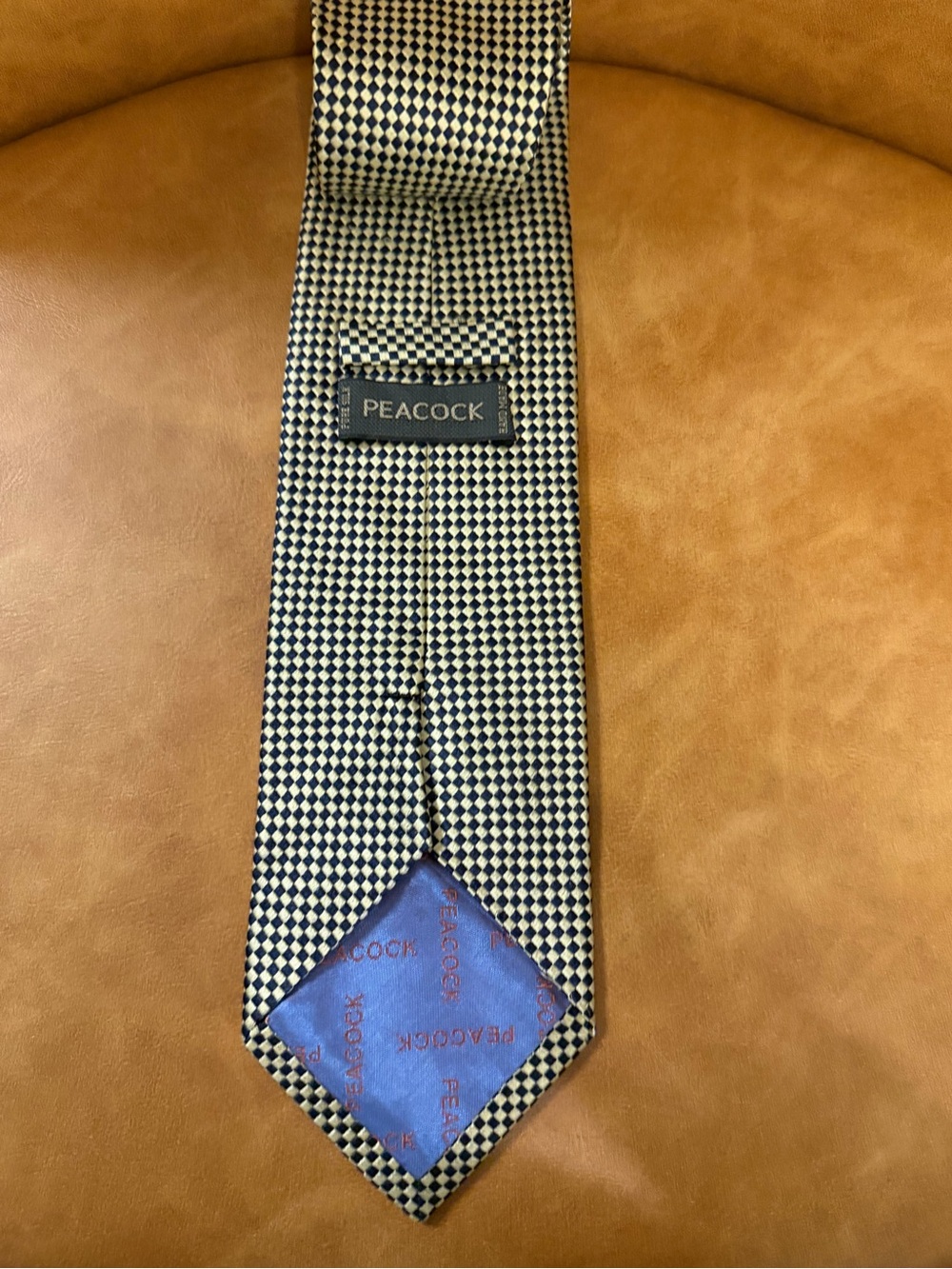 Peacock Pure Silk Handmade Tie in Cream/Gold & Black Grid Parttern